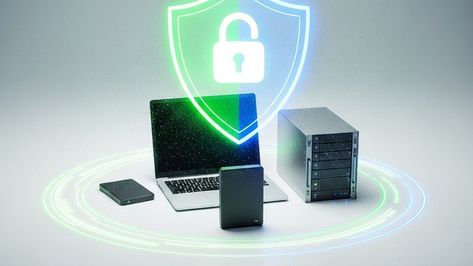 Ordinateur portable, serveur et disques réunis sous un bouclier de sécurité