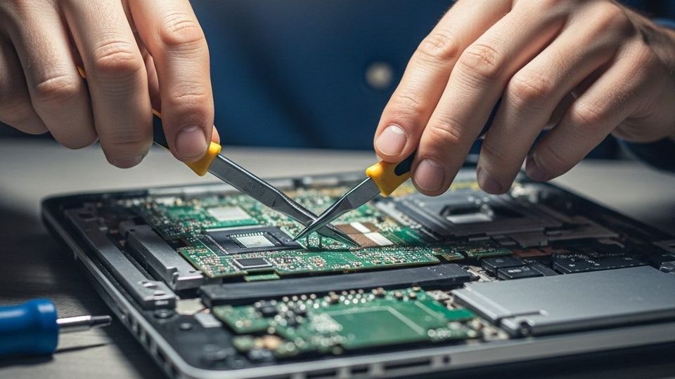 Mains d'un technicien intervenant sur la carte mère d'un ordinateur portable