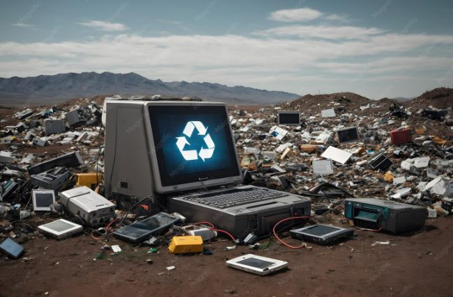 Ordinateurs et écrans hors d'usage entassés dans une décharge de déchets électroniques