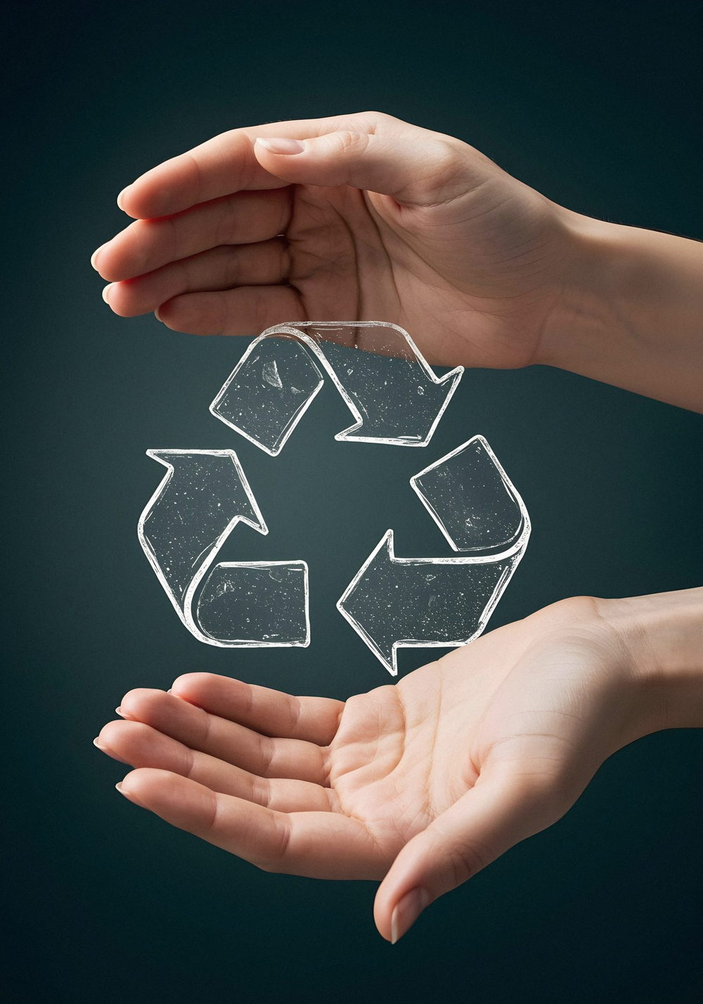 Deux mains encadrant un symbole de recyclage, réemploi du matériel