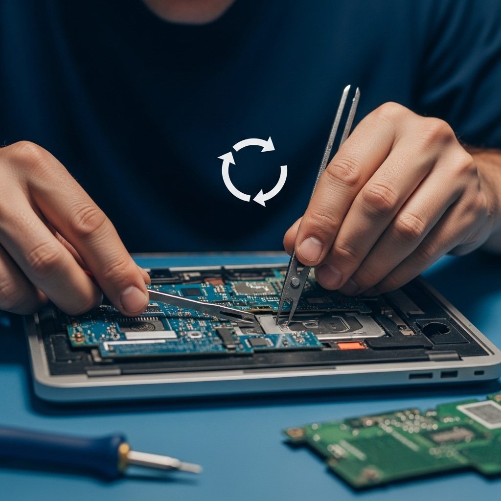 Technicien réparant la carte mère d'un ordinateur portable à la pince de précision