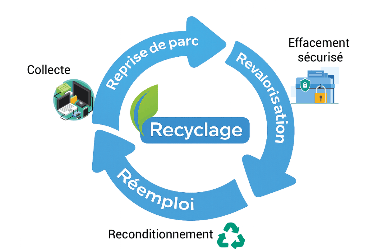 Schéma du cycle de recyclage : collecte, reprise de parc, effacement sécurisé, revalorisation, réemploi, reconditionnement