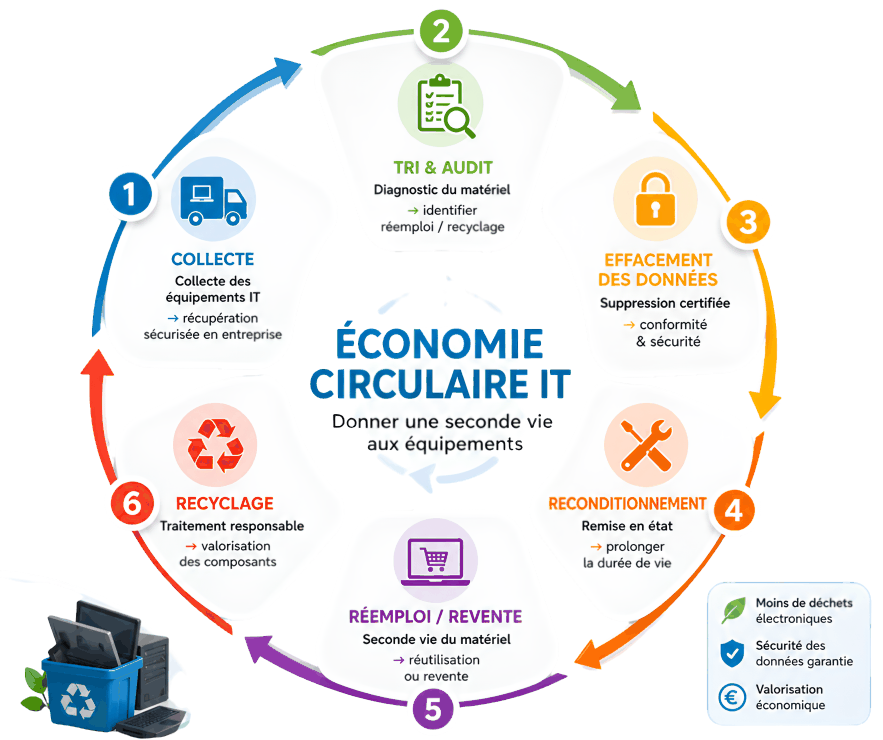 Schéma des six étapes de l'économie circulaire informatique : collecte, tri et audit, effacement des données, reconditionnement, réemploi, recyclage