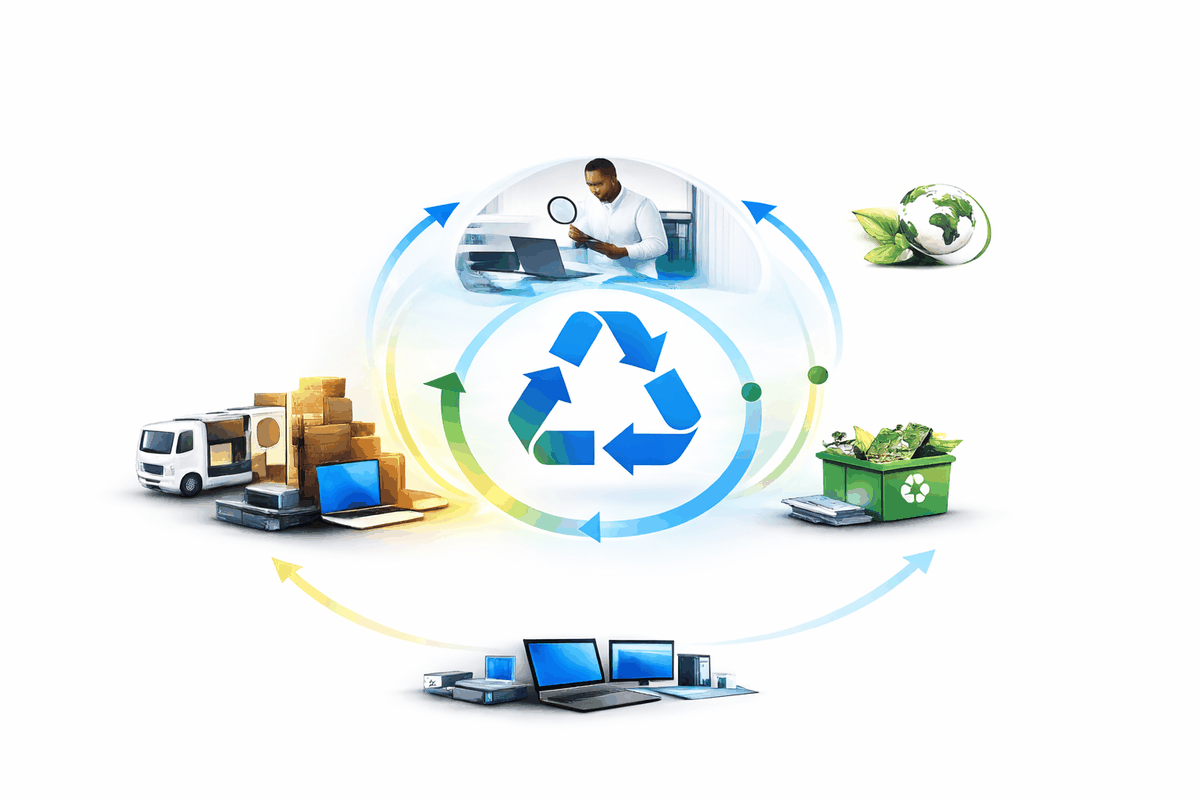 Illustration de l'économie circulaire du matériel informatique : collecte, réemploi et recyclage