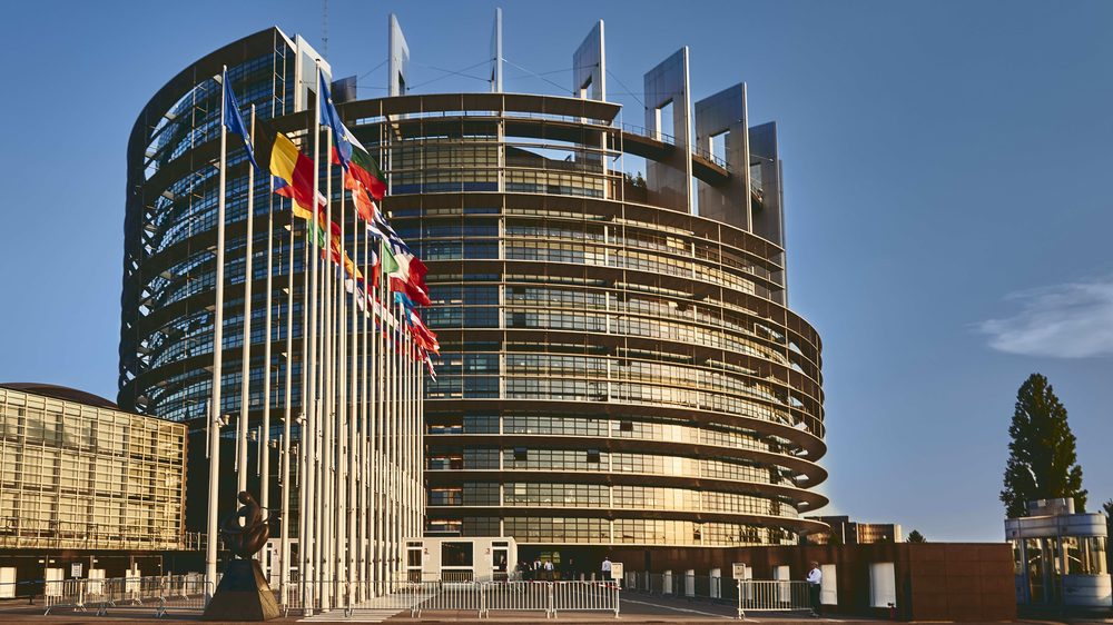 Parlement européen à Strasbourg, drapeaux des États membres devant le bâtiment